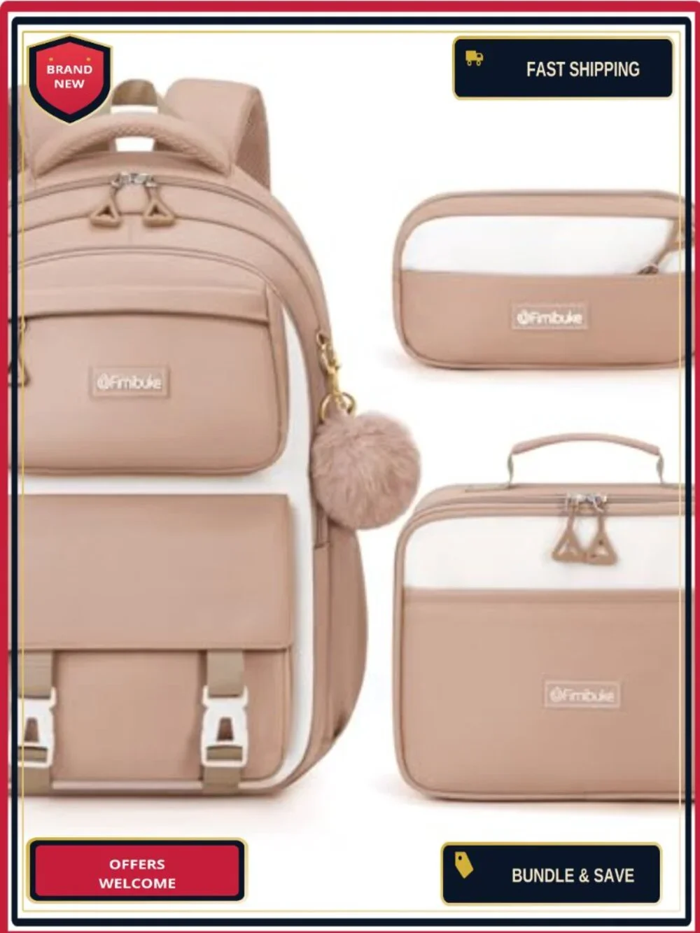 Waterproof School Backpack Set for Girls with Lunch Bag and Pencil Case,